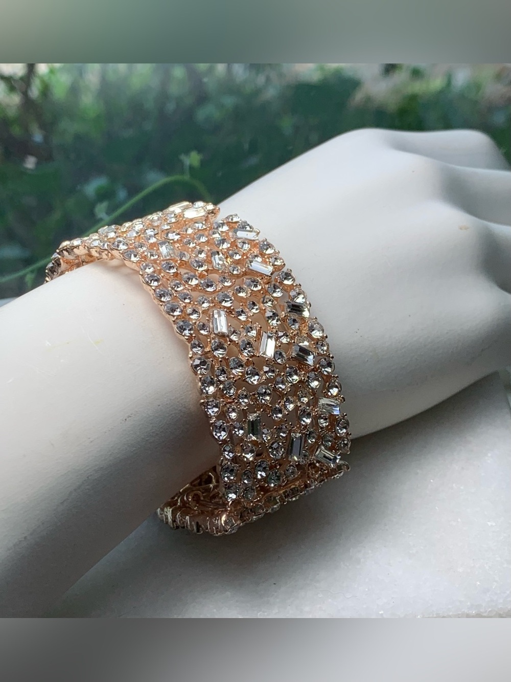 Gold Tone Rhinestone Stretch Cuff Bracelet Wide Statement Crystal Glam Wedding